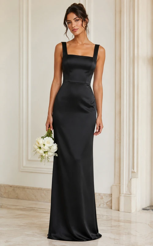 Robe de demoiselle d'honneur fourreau carrée en satin noir