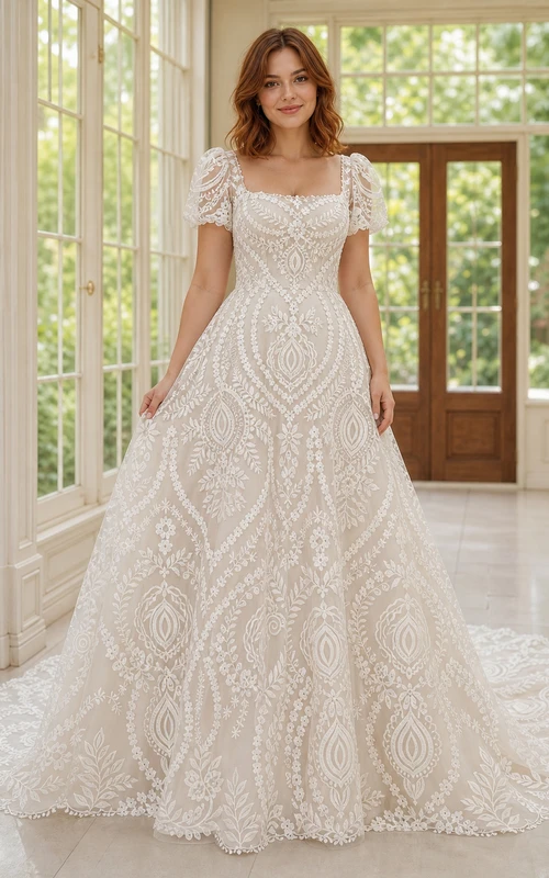 Vestido de novia romántico de gala con medallón, cuello cuadrado y mangas cortas hasta el suelo.