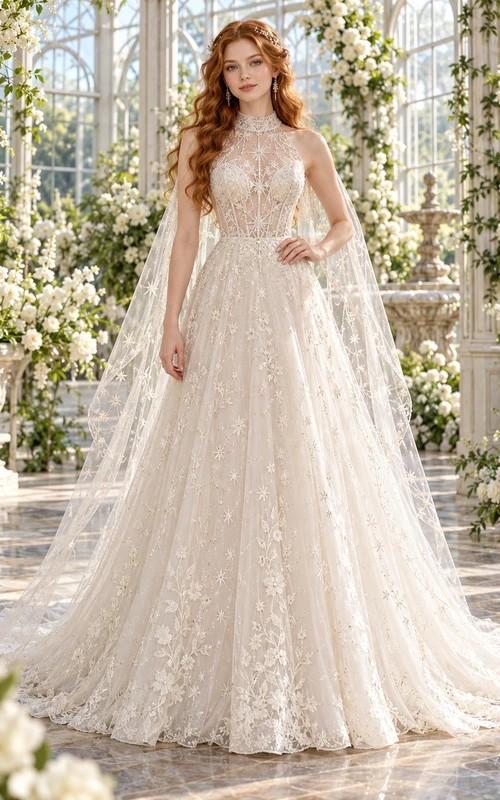 Fairy High Neck Halter Beaded Lace Cape A-line Wedding Dress