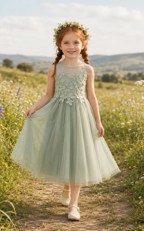 Sage Flower Girl Dress Boho Tea-Length A-Line Sleeveless Illusion Floral Lace Applique Tulle