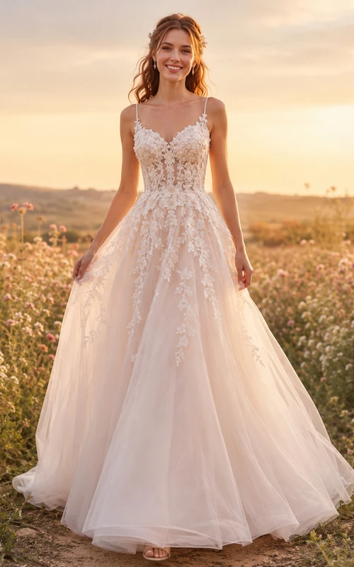 Robe de mariée en tulle et dentelle rose poudré, coupe trapèze, bretelles spaghetti, traîne, dos nu en V