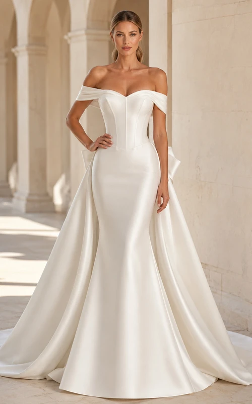 Robe de mariée sirène en satin poli, épaules dénudées, manches courtes, traîne chapelle, dos nu avec nœud, coupe sirène.