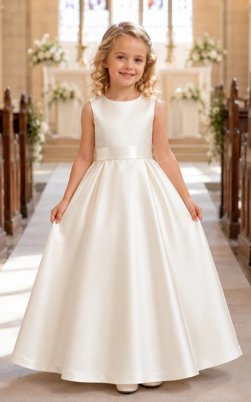 Klassisches A-Linien-Blumenmädchenkleid aus Satin mit Schleife am Rücken