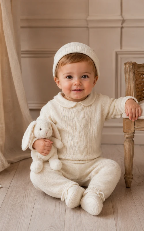 Conjunto de dos piezas de manga larga con cuello de punto trenzado color marfil para bautizo de bebé niño