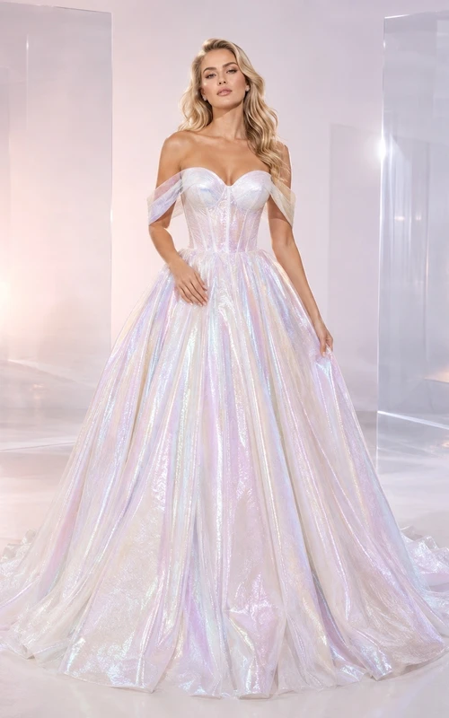 Vestido de novia sencillo, romántico y elegante con hombros descubiertos para fiesta de gala.