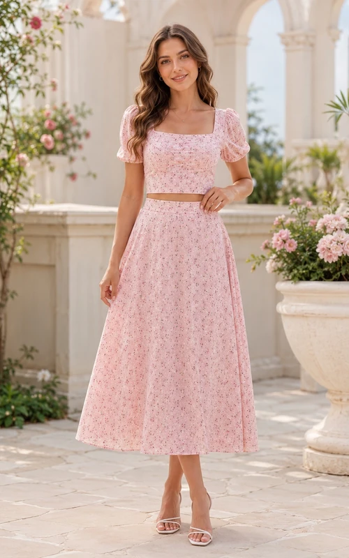Blushing Pink Square-Neck Puff-Sleeve Lace Two-Piece Tea-length Floral Romantic Guest Dress
