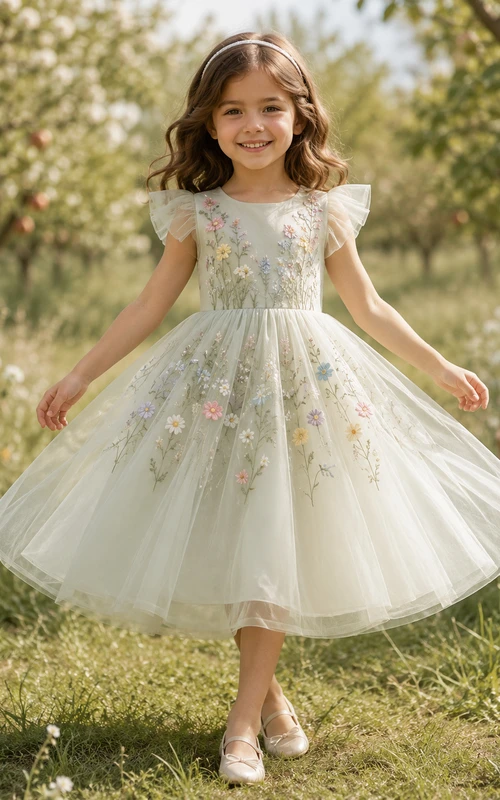 Robe romantique d'extérieur en tulle à manches pétales brodées de fleurs de sauge, coupe trapèze, longueur thé, idéale pour les demoiselles d'honneur