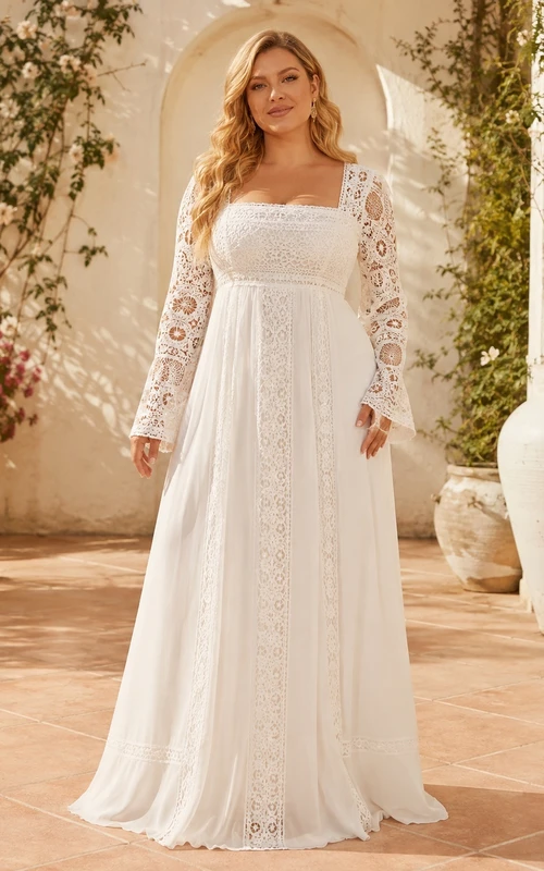 Plus Size Langarm Chiffon Empire-Brautkleid im Boho-Stil mit eckigem Ausschnitt und langen Ärmeln für eine Strandhochzeit