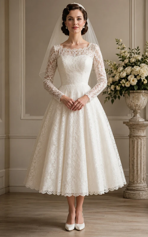Tea-Length Long Sleeve Lace Vintage Wedding Dress