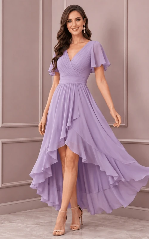 Vestido de noche de gasa color lavanda con cuello en V, volantes, capas asimétricas y manga corta