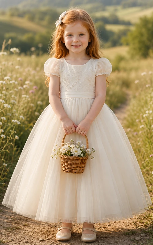 Klassisches A-Linien-Kleid aus Tüllspitze für Blumenmädchen mit kurzen Ärmeln, Rundhalsausschnitt, wadenlangem Rock und Schleifendetail.