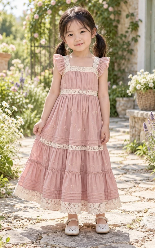 Boho-Kleid für Blumenmädchen, wadenlang, mit eckigem Ausschnitt, rosa, A-Linie, Rüschenärmeln und Spitzenbesatz