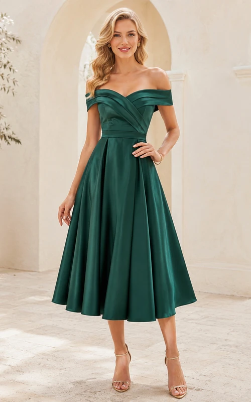 Dark Green Off-the-shoulder Fit Flare Midi Dress