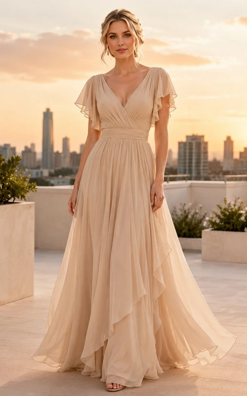Champagnerfarbenes, bodenlanges A-Linien-Kleid aus Chiffon mit V-Ausschnitt, kurzen Ärmeln und Blütenblattmuster – romantisches Gartenkleid