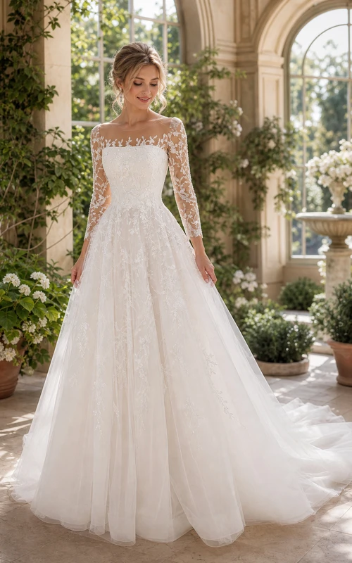 Robe de bal élégante en tulle, manches 3/4, traîne courte, coupe bateau, ornée d'appliques et d'effet illusion.