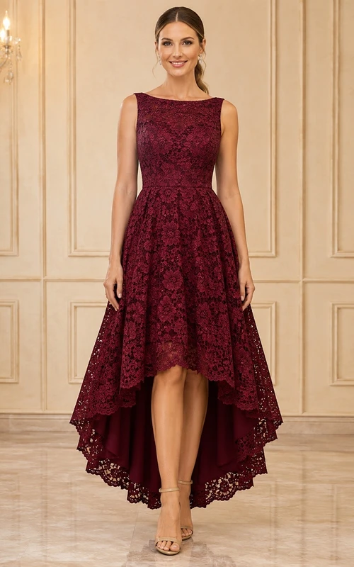 Burgundy Sleeveless Lace A-Line High-Low Cocktail Formal Dress