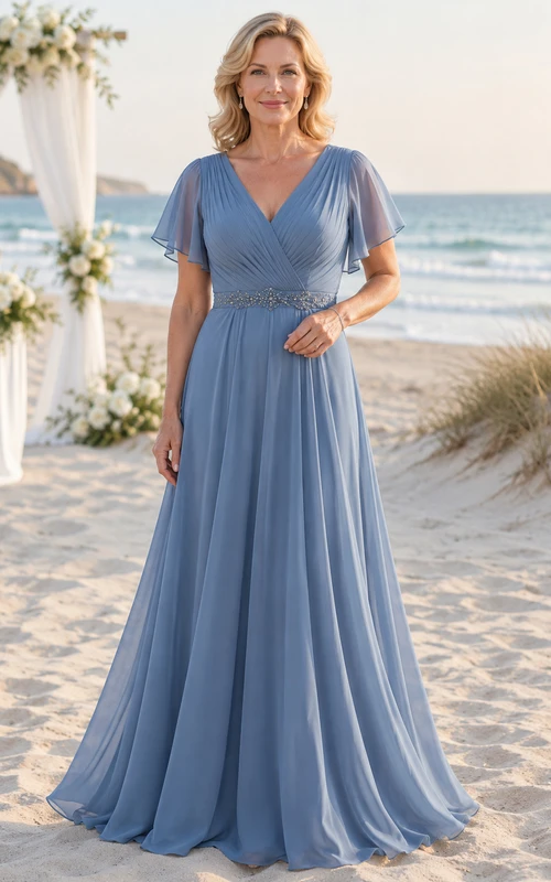 Stahlblaues Chiffon-Kleid in A-Linie mit V-Ausschnitt und Volantärmeln