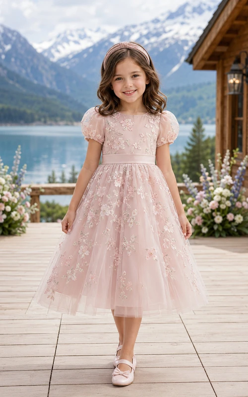 Blush Flower Girl Dress Tea-Length Floral Embroidered Tulle A-Line Jewel Neck Puff Sleeve Satin Bow Zipper Back