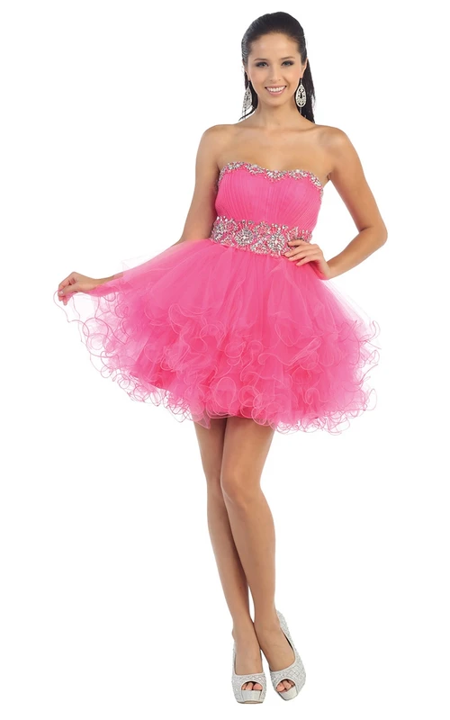 Robe bustier mini sans manches en tulle, coupe trapèze, dos corset, ornée de volants et de perles