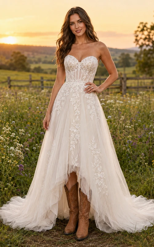 Sweetheart Country A-Line Wedding Dress with Lace Bodice and High-Low Skirt Romantic Bohemian Tulle