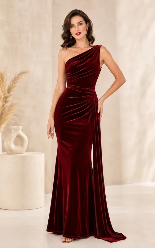 Burgundy One-Shoulder Ruched Velvet Mermaid Split Floor-Length Modern Evening Gown