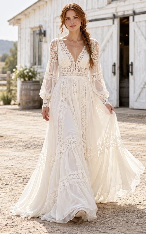 Western Long Poet Sleeve Plunge V-neck Lace Wedding Dress