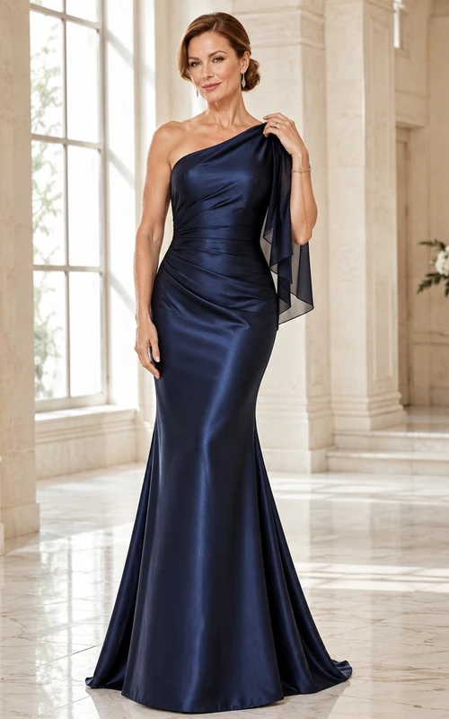Dark Navy One-Shoulder Satin Mermaid Sweep Train Dress