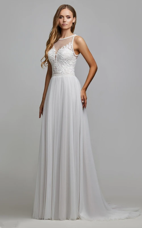 Casual A Line Tulle Wedding Bridal Gown with Appliques and Ruching