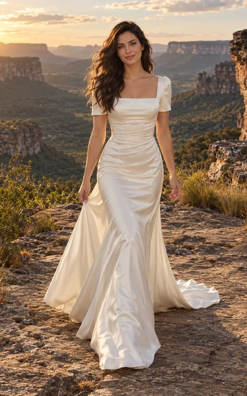Meerjungfrauen-Brautkleid aus Charmeuse mit eckigem Ausschnitt, kurzen Ärmeln, gerafftem Oberteil und Schleppe