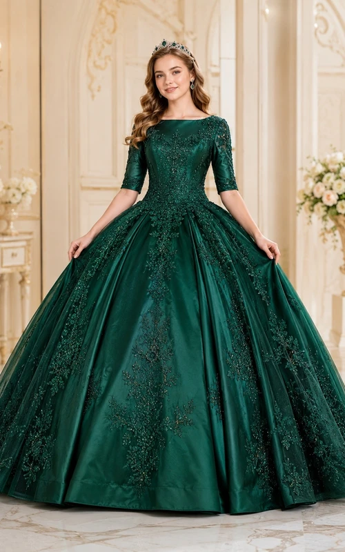 Dark Green Quinceanera Velvet High-Neck Long-Sleeve Ball Gown Dress