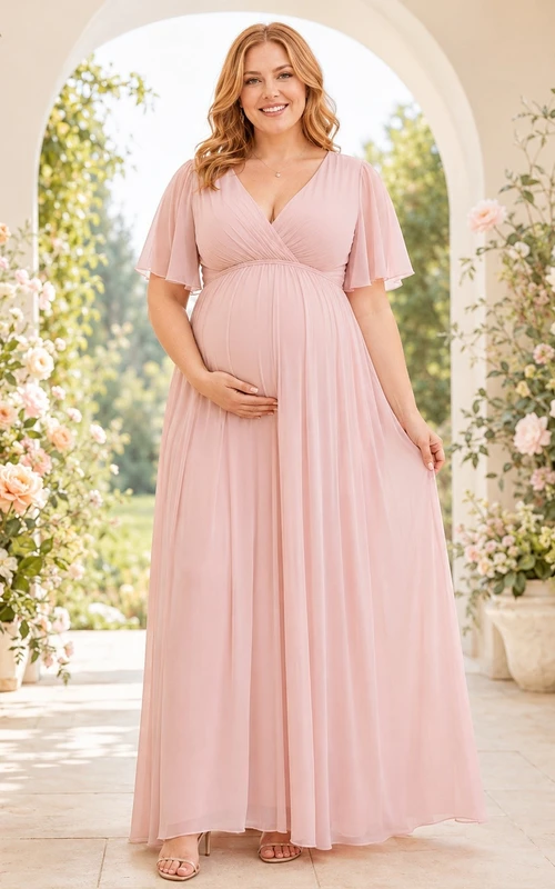 Vestido largo de maternidad de talla grande color rosa empolvado con escote imperio en V y mangas con volantes.