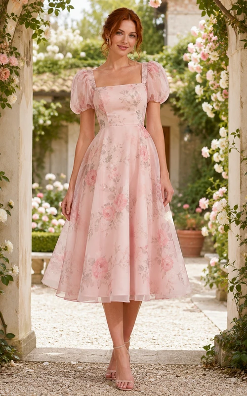 Blush Courtyard Garden Wedding Guest Dress A-Line Chiffon Tulle Square Neck Short Sleeve Tea-Length Floral