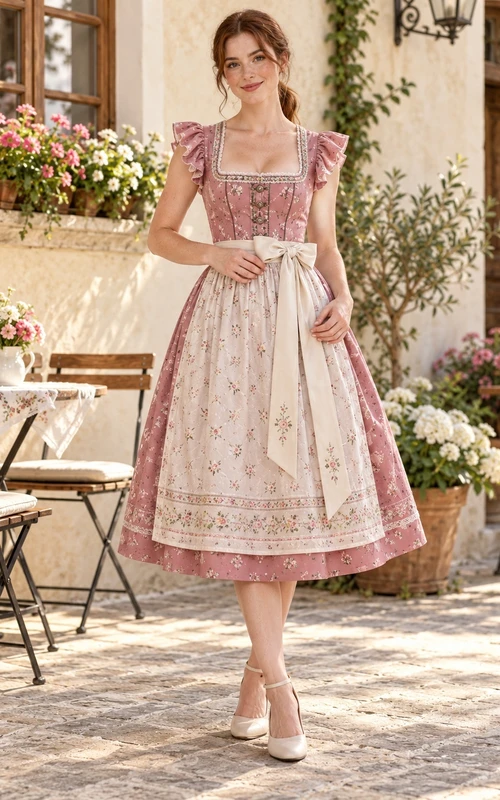 Vintage Dusty Rose Square Neck Flutter Sleeve Floral Dirndl Dress