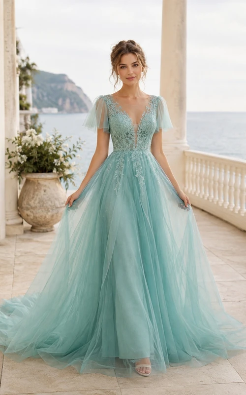 Romantisches Brautkleid in A-Linie aus türkisfarbenem Tüll mit kurzen Ärmeln, V-Ausschnitt, Applikationen und türkisfarbenem Schnitt