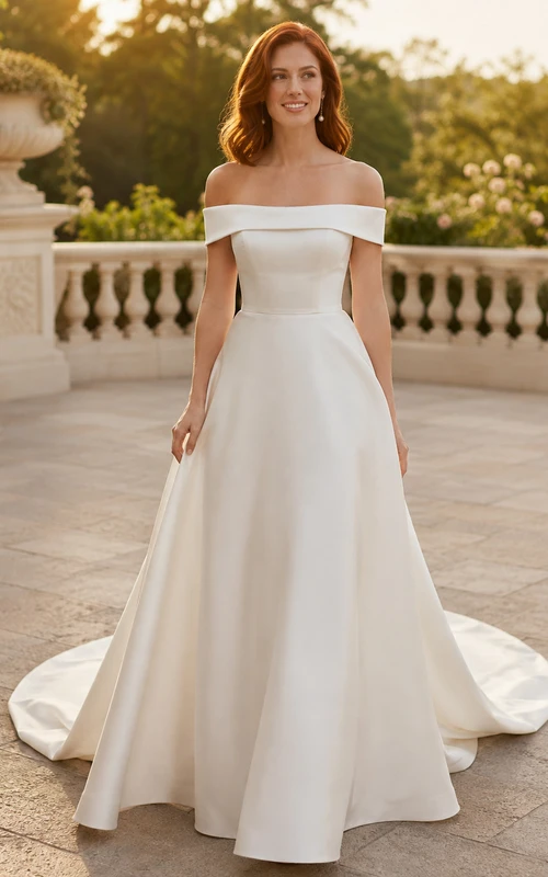 Brautkleid aus Satin, A-Linie, schulterfrei, kurze Ärmel, Kapellenschleppe, tiefer V-Ausschnitt am Rücken