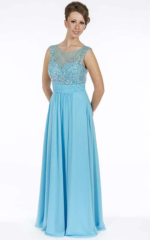 Ärmelloses, langes Chiffon-Abendkleid in A-Linie mit Perlenbesatz und Rundhalsausschnitt, mit Falten und Rundhalsausschnitt