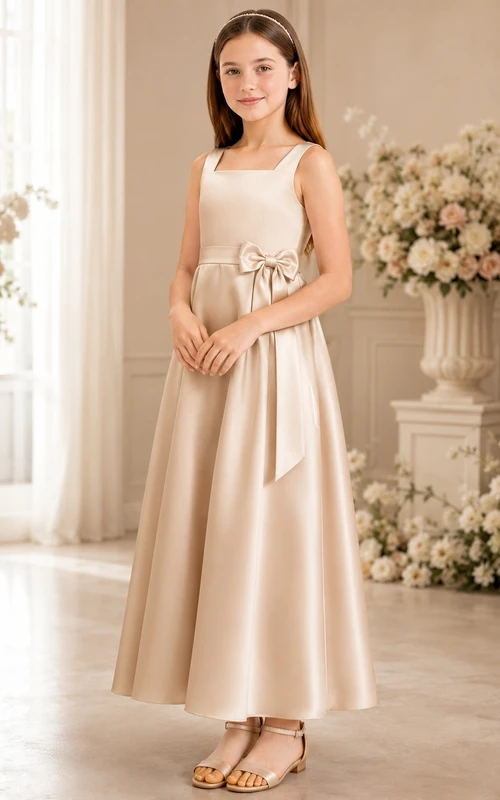 Champagnerfarbenes Brautjungfernkleid in A-Linie mit Herzausschnitt, ärmellos, mit Satinschleife, elegant