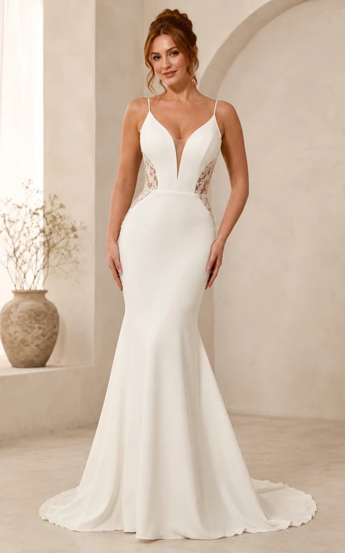 Stretch Satin Wedding Dress Mermaid V-Neck Sleeveless Sweep Train Open Back Bridal Gown
