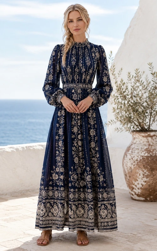 Boho Vintage Navy Floral V-Neck Long-Sleeve Chiffon A-Line Floor-Length Dress