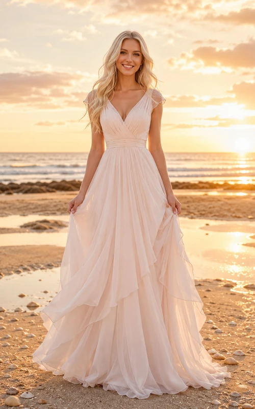 V Neck Draped Chiffon Beach Bridal A Line Gown