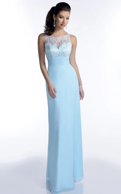 Ärmelloses Chiffon-Brautjungfernkleid mit Spitzenoberteil und Rundhalsausschnitt