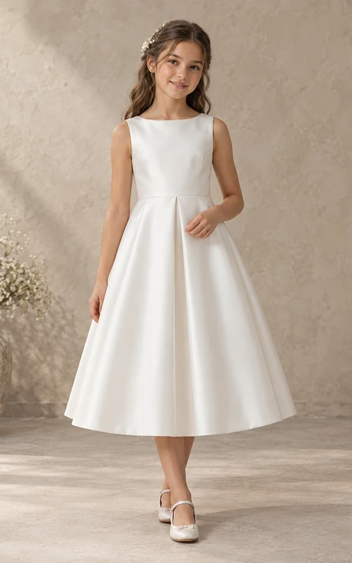 Simple Tea-length Ivory Sleeveless Bateau Satin Natural Waist Center Pleat A-Line Flowergirl Dress
