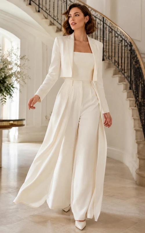Traje de novia moderno de tres piezas con chaqueta corta y pernera ancha.