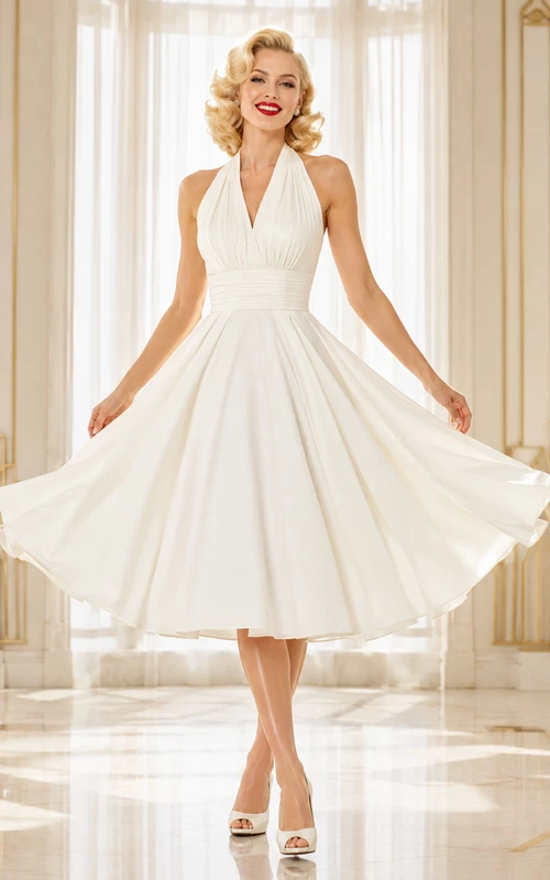 Vestido de cóctel blanco sin mangas con escote halter, de satén y gasa, con pliegues, espalda descubierta y corte en A, largo hasta la rodilla.
