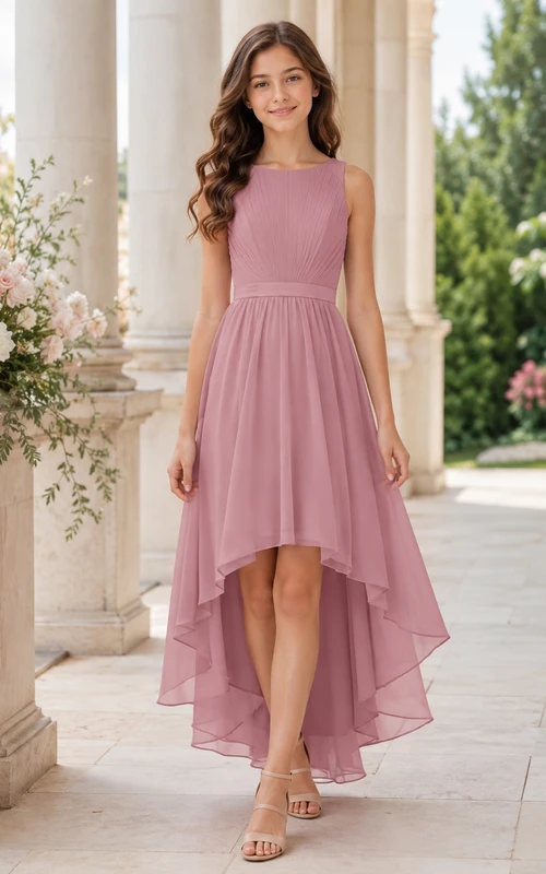 Vestido vintage de dama de honor juvenil color malva, corte en A, sin mangas, con falda escalonada y detalles de joyas.