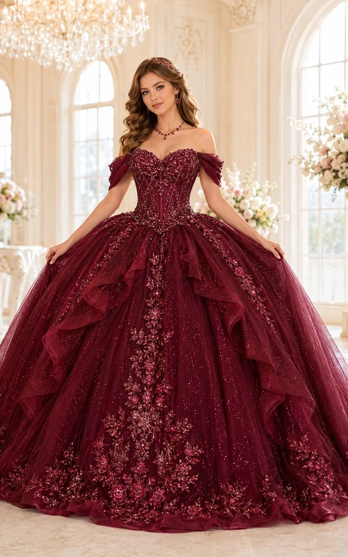 Burgundy Quinceanera Ball Gown Tulle Lace Off-the-Shoulder Puff Sleeve Ruffled Applique Chapel Train Luxury