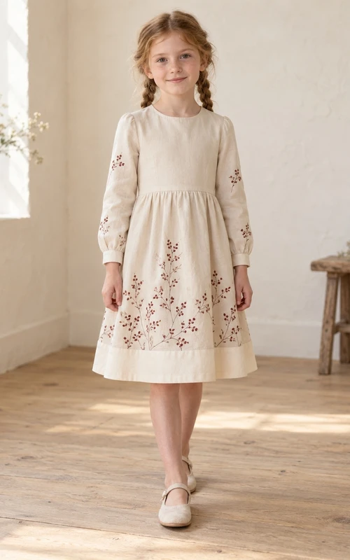 Robe de demoiselle d'honneur simple et modeste, couleur crème, longueur thé, manches longues, poignets ornés de bijoux, imprimé à bordure de baies, ourlet froncé, coupe trapèze.