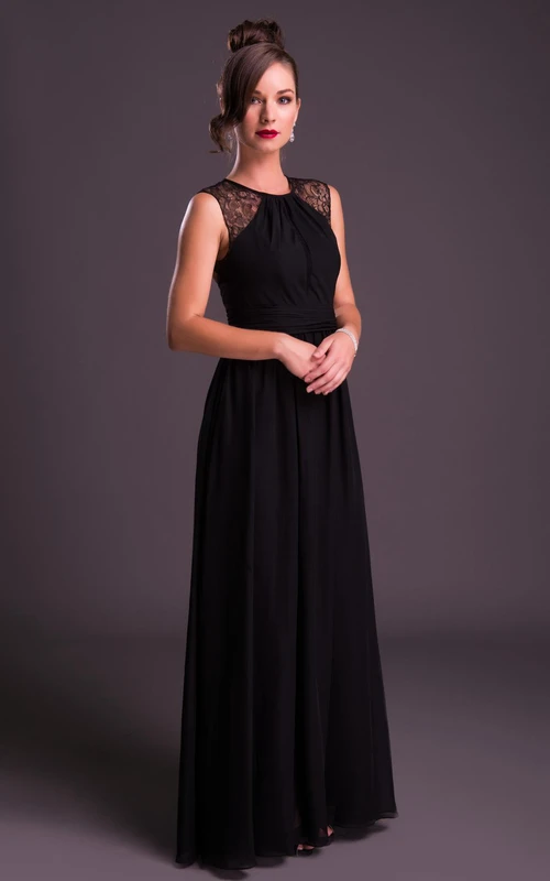 Langes, ärmelloses Chiffon-Abendkleid mit Rundhalsausschnitt und Spitze