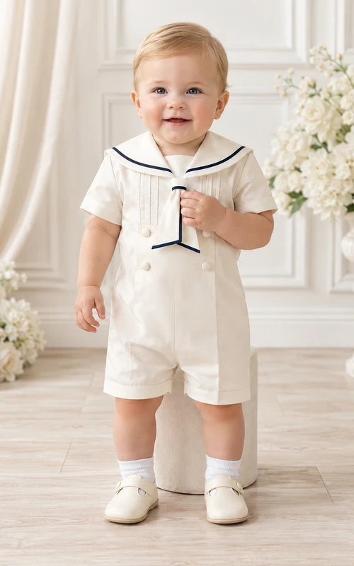 Moderner weißer Kurzarm-Taufanzug mit marineblauen Paspeln im Matrosen-Stil, ideal für Babys und Babys zur Taufe.