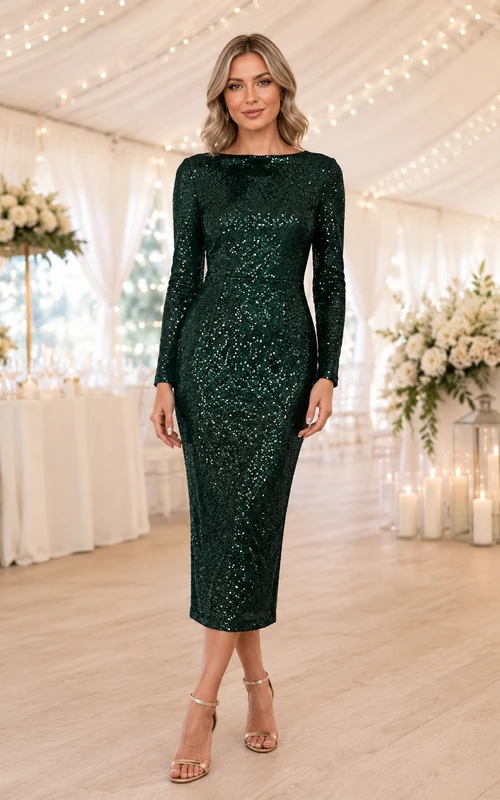 Vestido midi de manga larga con lentejuelas y escote barco en color verde oscuro para invitadas